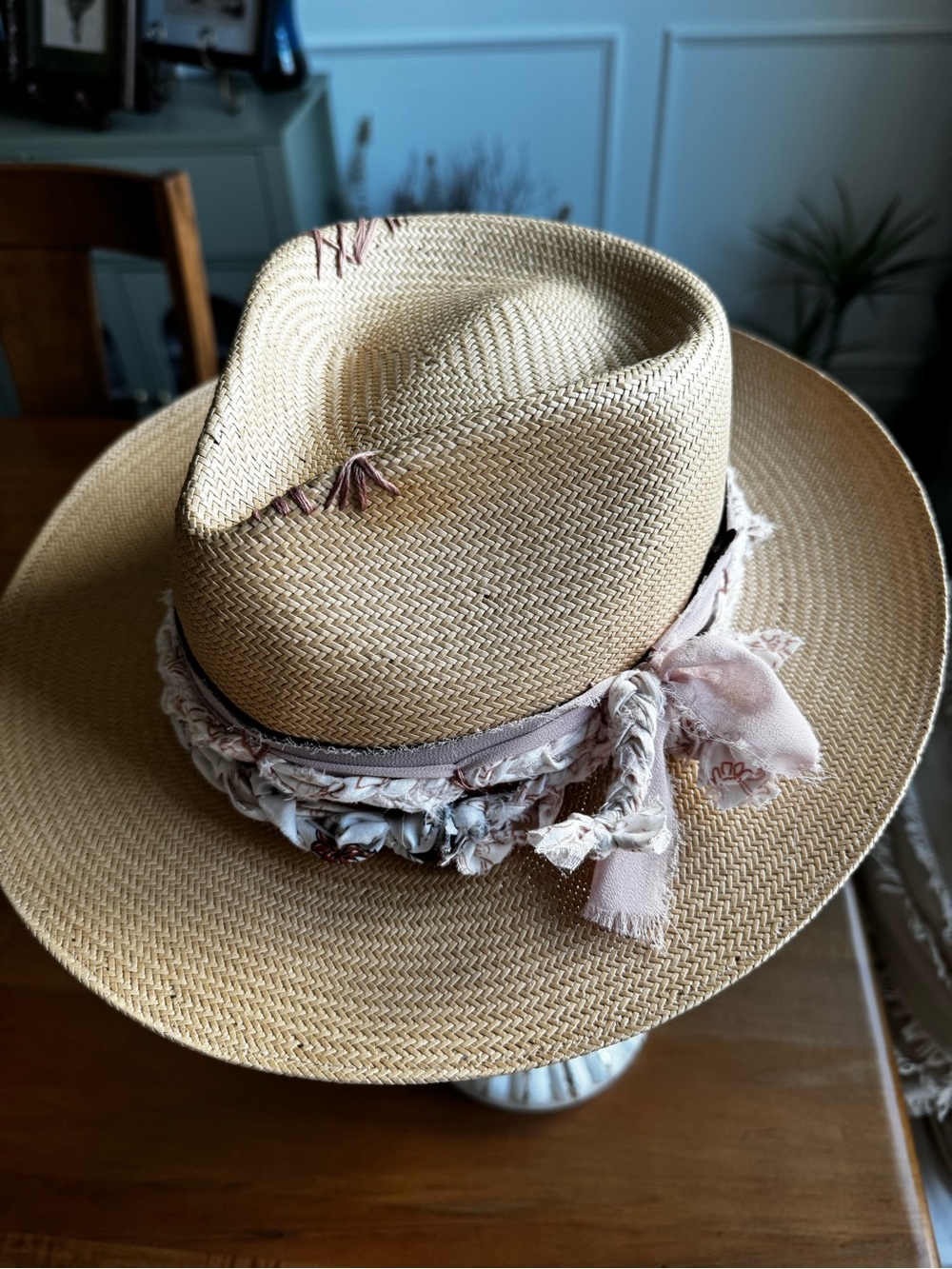 Vintage Straw Fedora Hat with Handmade Blush Band
